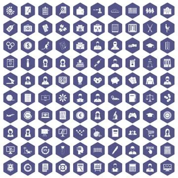 100 statistic data icons hexagon purple Stock Illustration