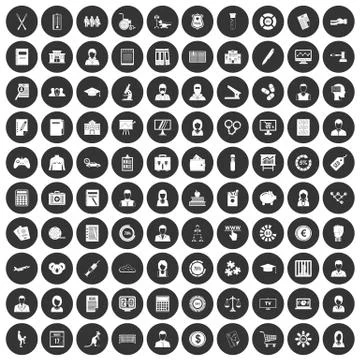 100 statistic data icons set black circle Stock Illustration