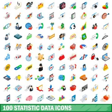 100 statistic data icons set, isometric 3d style Illustrazione stock