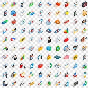 100 statistic data icons set, isometric 3d style Illustrazione stock