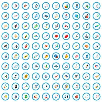 100 statistic data icons set, isometric 3d style Illustrazione stock