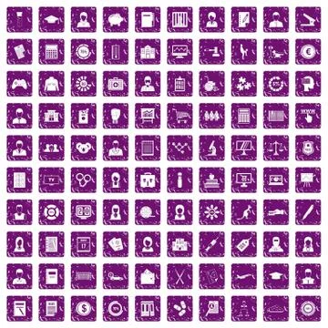 100 statistic data icons set grunge purple Stock Illustration
