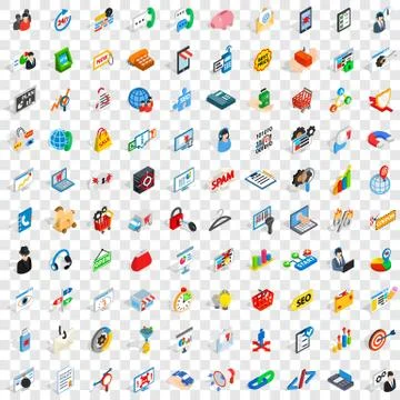 100 statistics icons set, isometric 3d style Stockillustratie