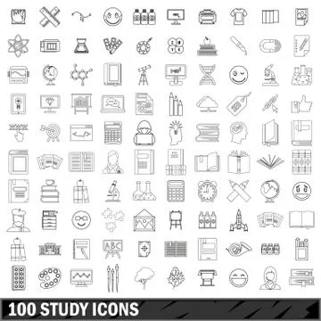 100 study icons set, outline style Stock Illustration