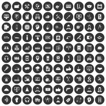 100 support icons set black circle 库存插图