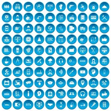 100 support icons set blue 库存插图