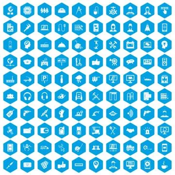 100 support icons set blue 库存插图