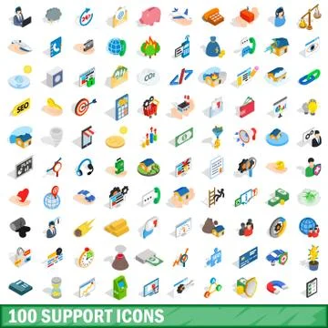 100 support icons set, isometric 3d style Stock Illustration