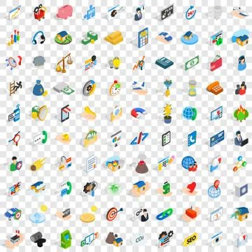 100 support icons set, isometric 3d style Stock Illustration