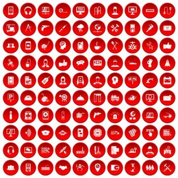 100 support icons set red Stock Illustration