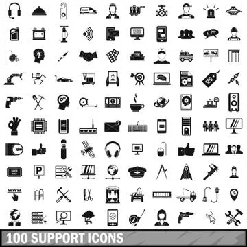 100 support icons set, simple style 库存插图