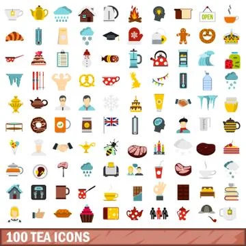 100 tea icons set, flat style イラスト素材