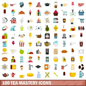 100 tea mastery icons set, flat style イラスト素材