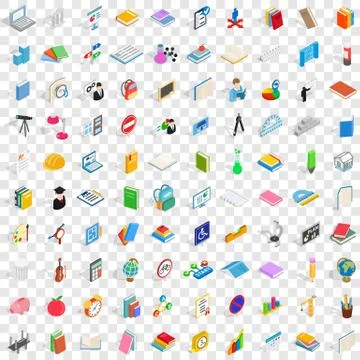 100 teaching icons set, isometric 3d style Stockillustratie