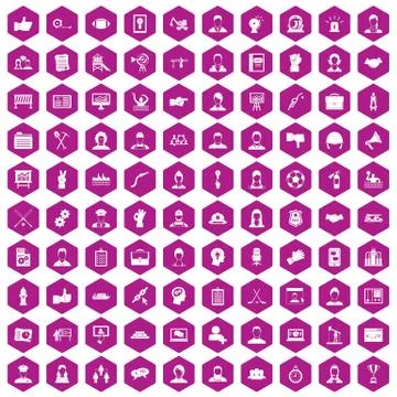 100 team work icons hexagon violet Stock Illustration