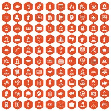 100 team work icons hexagon orange Stock Illustration