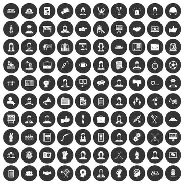 100 team work icons set black circle Stock Illustration
