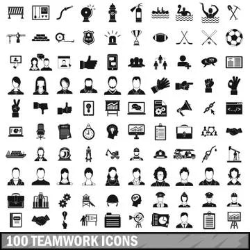 100 team work icons set in simple style Stock Illustration
