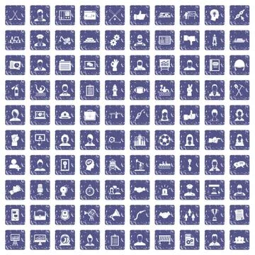 100 team work icons set grunge sapphire Stock Illustration