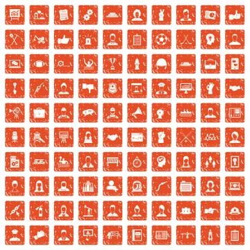 100 team work icons set grunge orange Stock Illustration