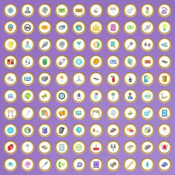 100 technical support icons set in cartoon style 库存插图