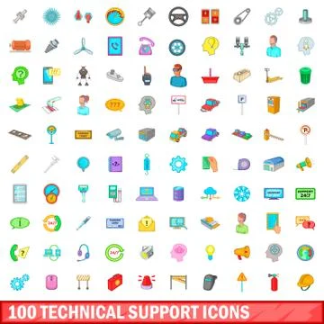 100 technical support icons set, cartoon style 库存插图