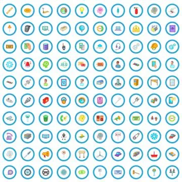 100 technical support icons set, cartoon style 库存插图