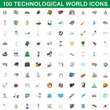 100 technological world icons set, cartoon style Stock Illustration