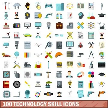 100 technology skill icons set, flat style Stockillustratie