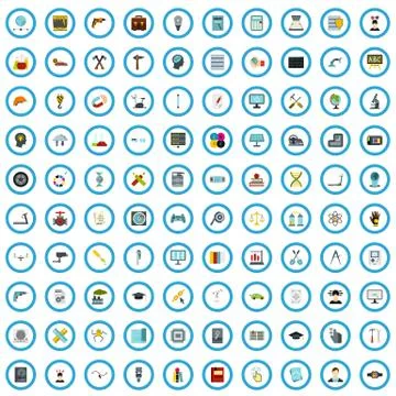 100 technology skill icons set, flat style Stock Illustration