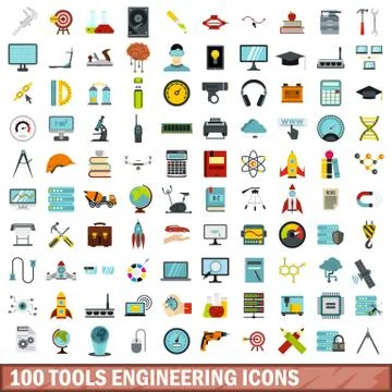 100 tools engineering icons set, flat style Illustrazione stock