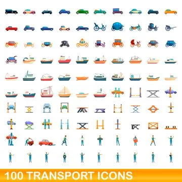 100 transport icons set, cartoon style Stock Illustration