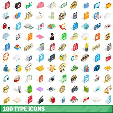 100 type icons set, isometric 3d style Illustrazione stock