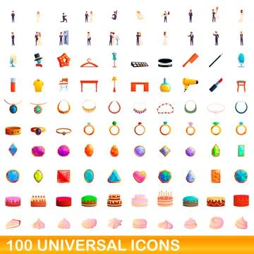 100 universal icons set, cartoon style 库存插图