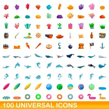 100 universal icons set, cartoon style 库存插图