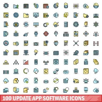 100 update app software icons set, color line style Stock Illustration