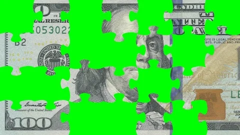 100 us dollar bill puzzle transition to green screen 4k video for business Stock Footage 106673588