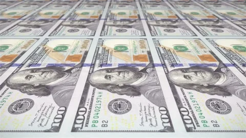 100 US dollar bills printing press. Money making machine prints banknotes. Stock Footage 255528559