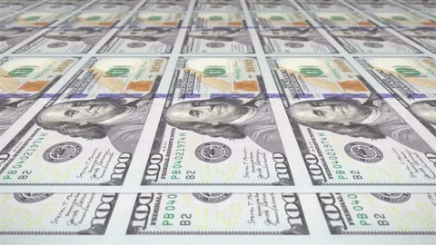 100 US dollar bills printing press. Money making machine prints banknotes. Stock Footage 255528563