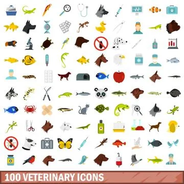 100 veterinary icons set, flat style Stock Illustration