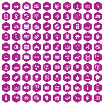 100 virtual icons hexagon violet Stockillustratie