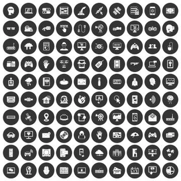 100 virtual icons set black circle Stockillustratie