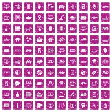 100 virtual icons set grunge pink 库存插图
