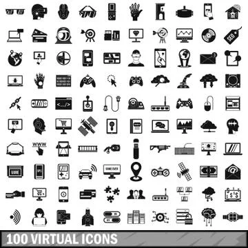 100 virtual icons set, simple style Stockillustratie
