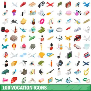 100 vocation icons set, isometric 3d style Stock Illustration