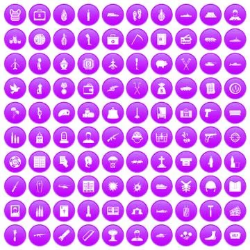 100 war crimes icons set purple Illustration
