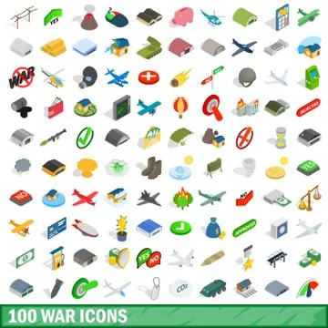 100 war icons set, isometric 3d style Illustrazione stock
