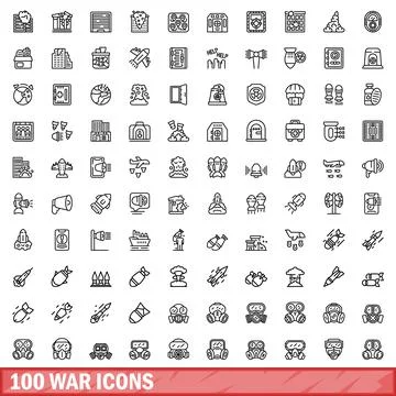 100 war icons set, outline style Ilustración de archivo