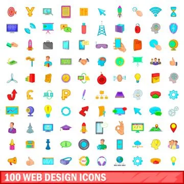100 web design icons set, cartoon style Stockillustratie