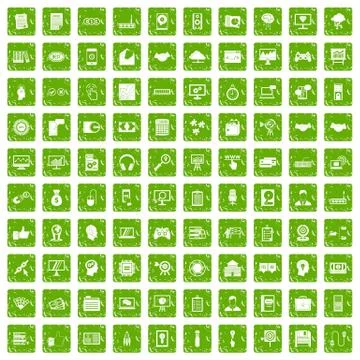100 web development icons set grunge green Stock Illustration
